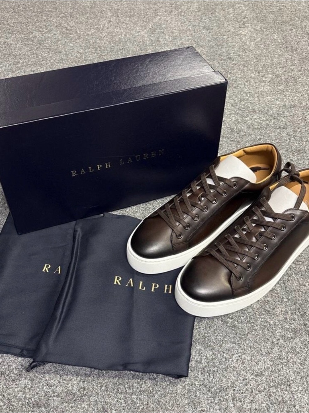 Ralph Lauren Purple Label Severn Brown Burnished Calf Leather Sneakers